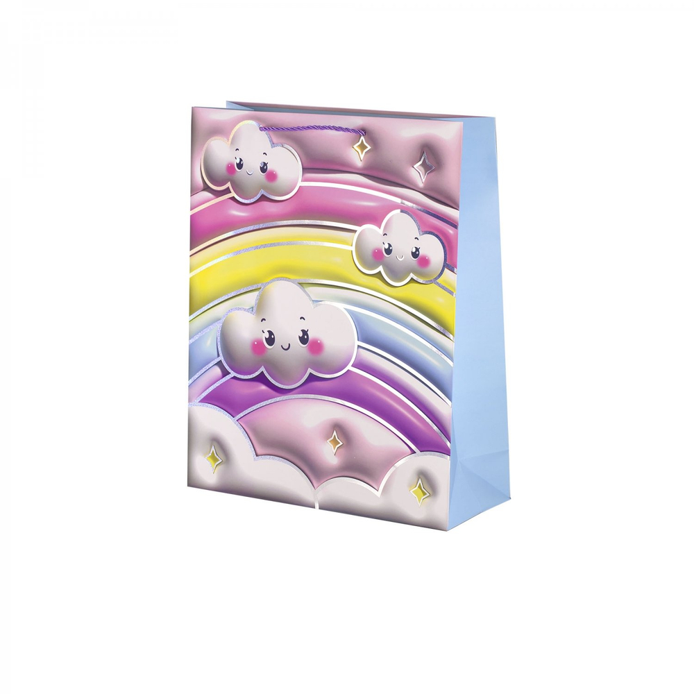 Пакет подарочный бумажный Alingar, (М) 18х23х10 см, вертикальный, "Радуга и облачка", мат. ламинация, тиснение голография, эфффект 3D, ассорти