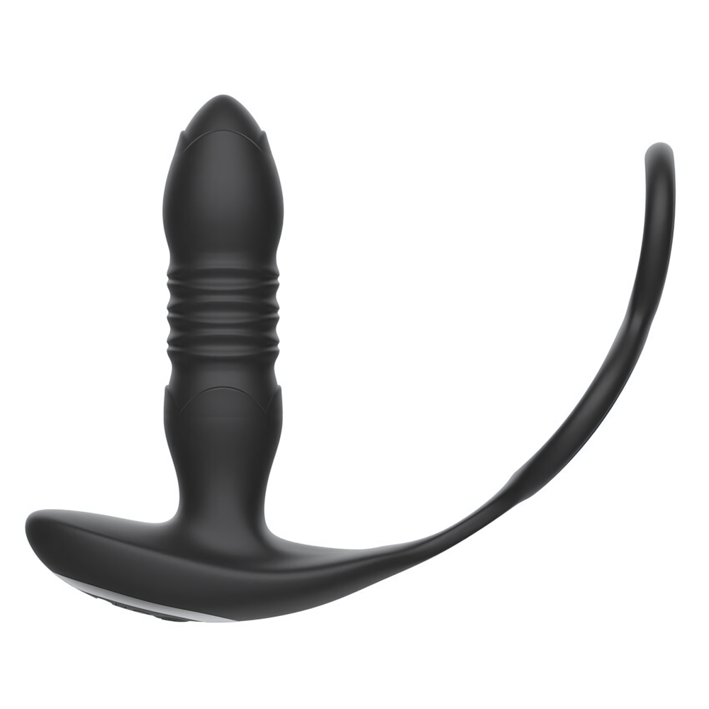 Черный анальный вибромассажёр с возвратно-поступательными движениями и кольцами для фиксации (Цвет: черный)