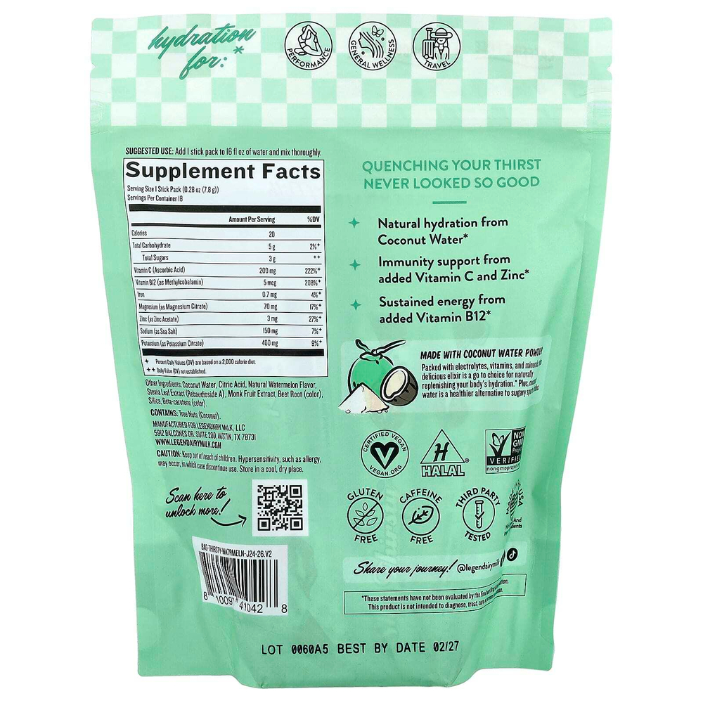 Legendairy Milk, She's Thirsty®, смесь электролитов с кокосовой водой, арбуз, 18 пакетиков по 7,8 г (0,28 унции)