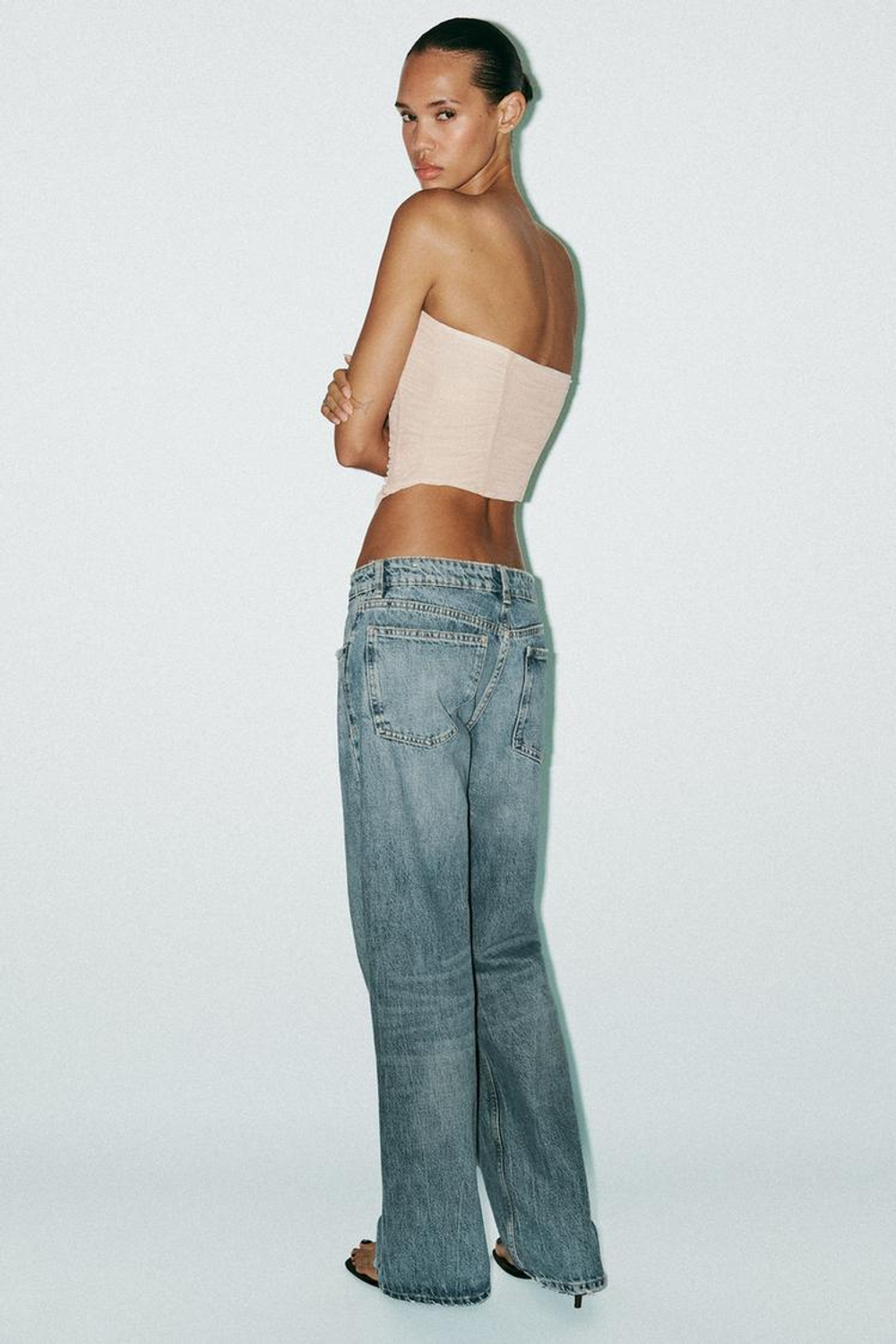 ZARA ТОП-КОРСЕТ ИЗ ПОЛУПРОЗРАЧНОЙ ТКАНИ СО СБОРКАМИ, ТЕЛЕСНО-РОЗОВЫЙ