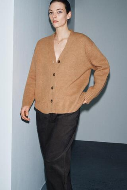 ZARA КАРДИГАН ОВЕРСАЙЗ ИЗ 95% ШЕРСТИ, ТЕМНЫЙ БЕЖЕВО-КОРИЧНЕВЫЙ