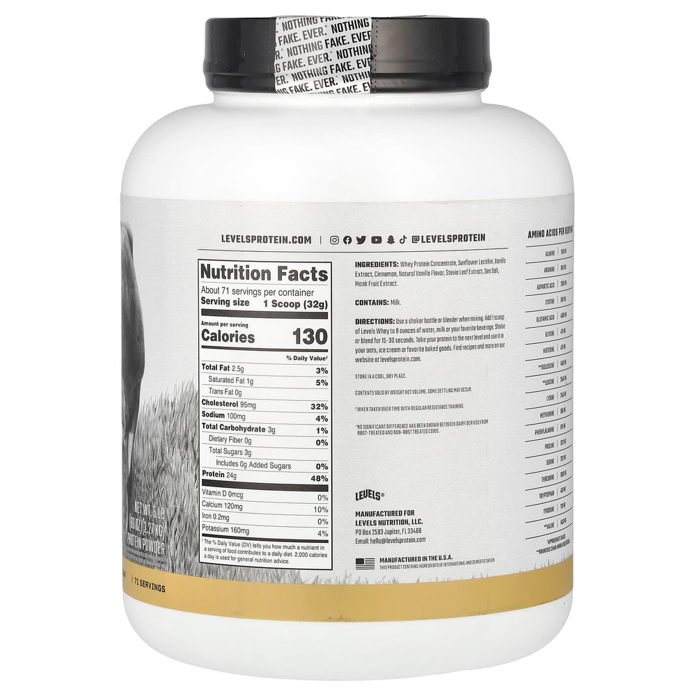 Levels, Порошок из сывороточного протеина от травяного откорма, ваниль и корица, 2,27 кг (5 фунтов)