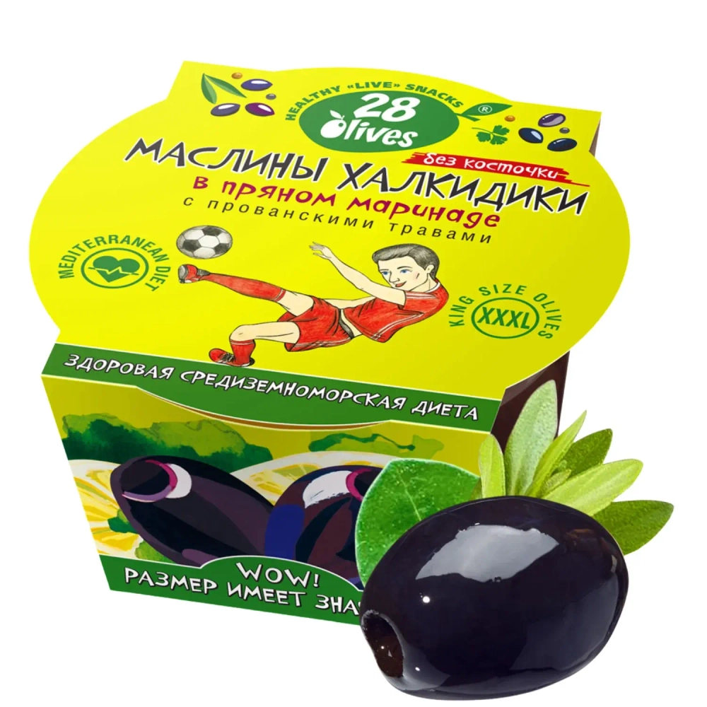 Маслины Халкидики без косточки в пряном маринаде с прованскими травами 28Olives, 150 г, упаковка с маслиной