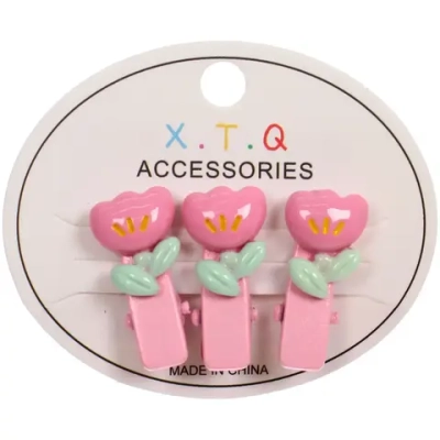 Зажимы для волос детские 3шт «РОЗОВОЕ ОБЛАКО», тюльпаны, 2.5см (блистер и пакет с подвесом)