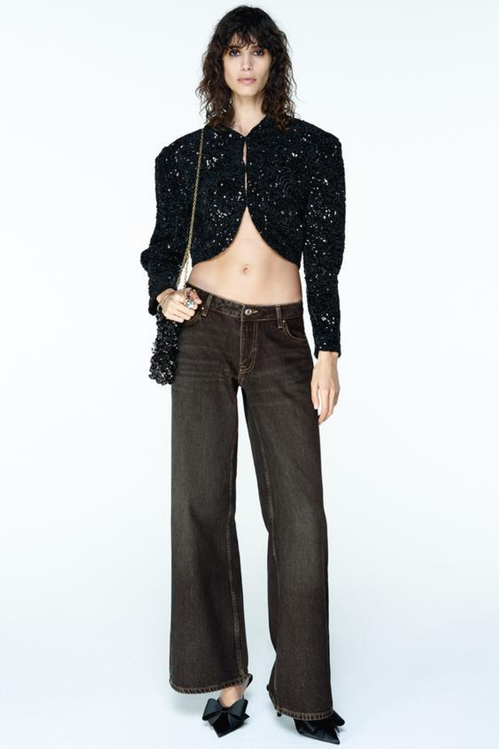 ZARA ДЖИНСЫ Z1975 WIDE LEG С НИЗКОЙ ПОСАДКОЙ, ЧЕРНЫЙ/КОРИЧНЕВЫЙ