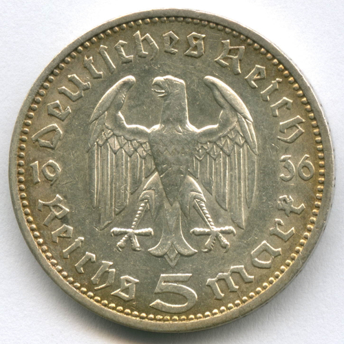 5 марок 3 рейх 1936 год (A) орел без свастики XF-AU