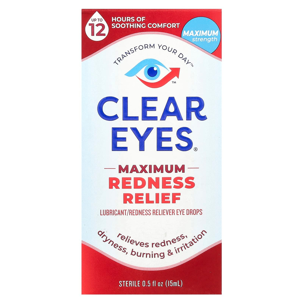 Clear Eyes, Максимальное снятие покраснения, Глазные капли лубриканта / снятия покраснения, 0,5 жидких унций (15 мл)