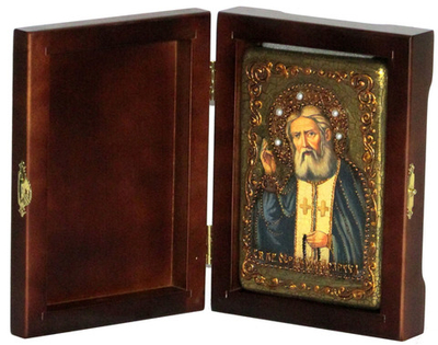 Инкрустированная Икона Преподобный Серафим Саровский чудотворец 15х10см на натуральном дереве, в подарочной коробке