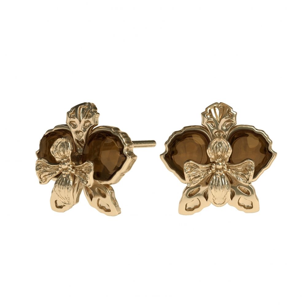 Пусеты Орхидея с коньячным янтарем, позолота