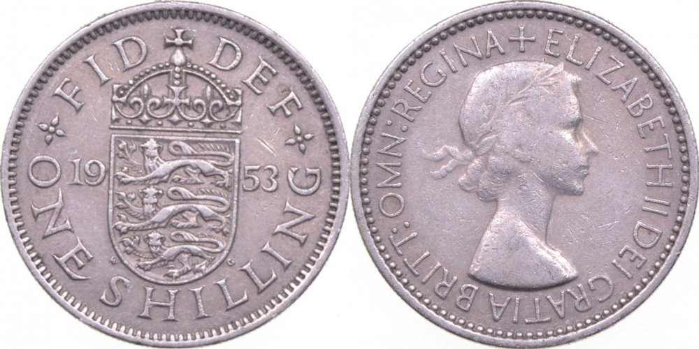 Великобритания 1 шиллинг, 1953 Английский герб XF