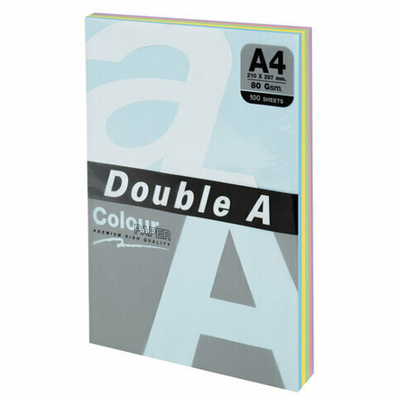 Бумага цветная DOUBLE A, А4, 80 г/м2, 100 л. (5 цветов x 20 листов), микс пастель