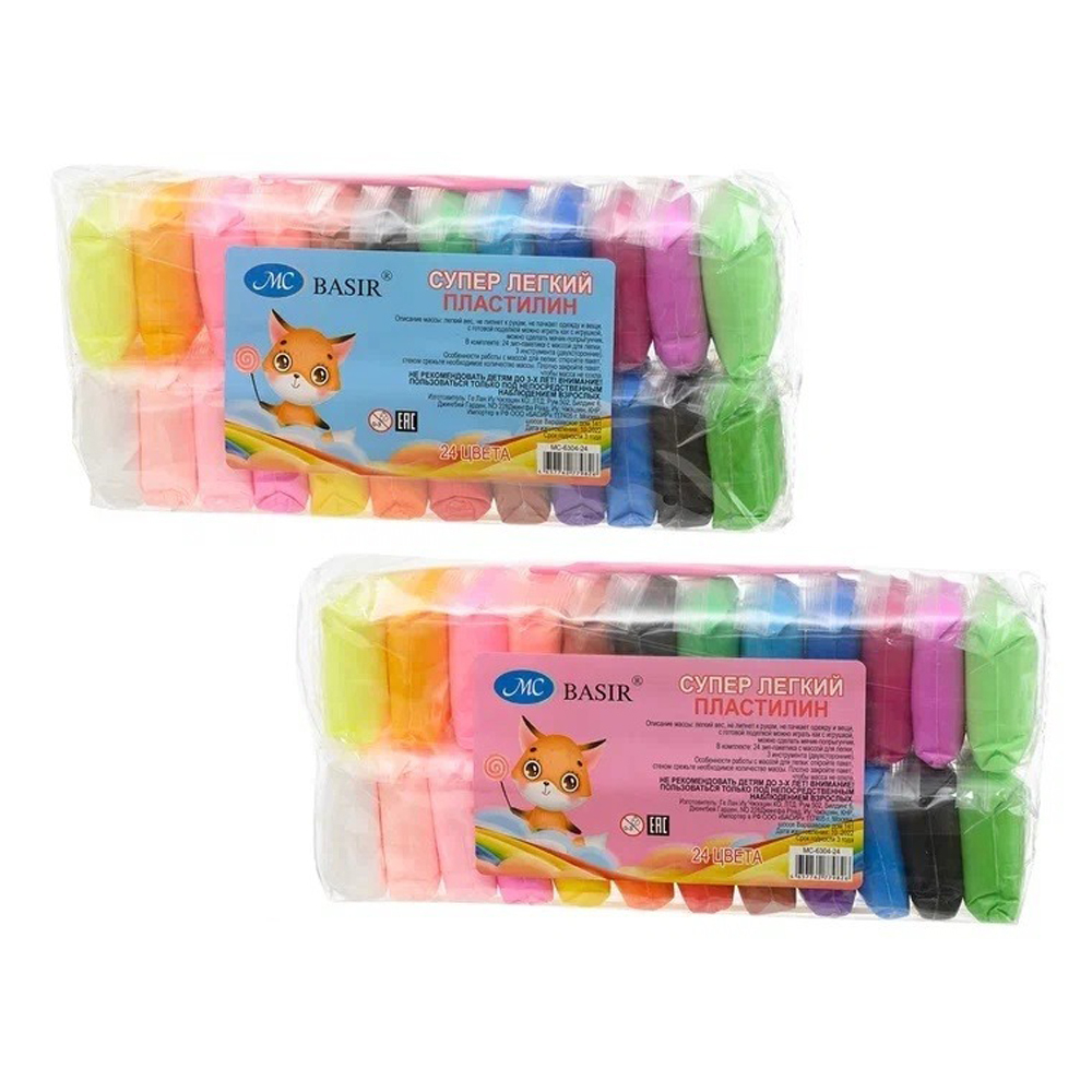 Пластилин для лепки Basir, серия "Лисёнок", лёгкий, без запаха, набор: 24 ярких цвета, инструменты для лепки