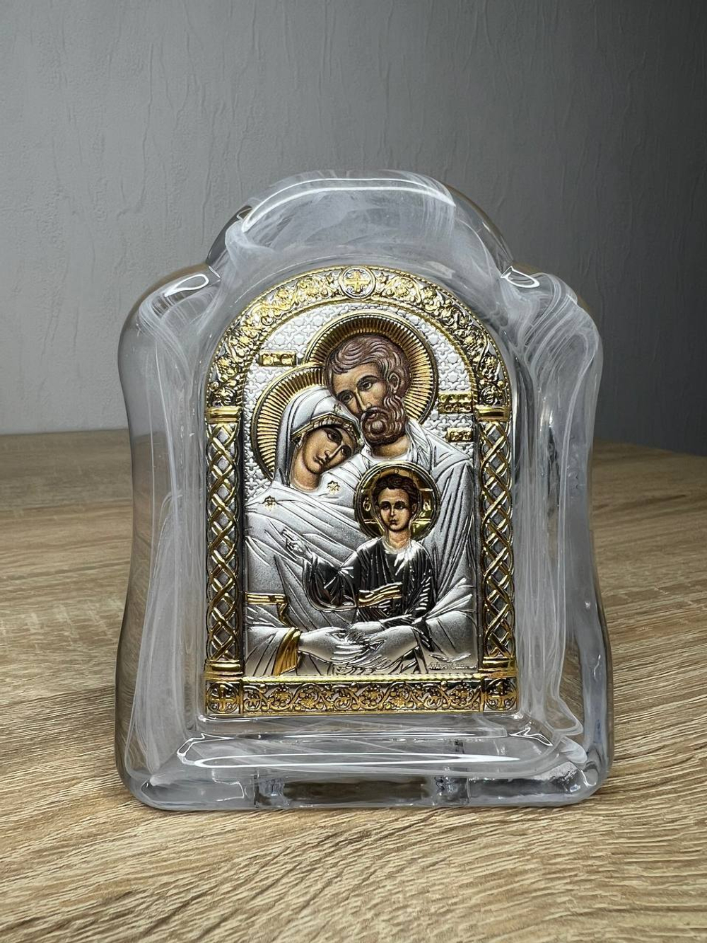 Св. Семейство, икона арочная, белое муранское стекло 86х112