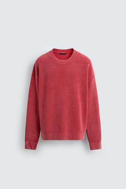 ZARA СВИТЕР В РУБЧИК С ЭФФЕКТОМ ПОТЕРТОСТИМ, КРАСНЫЙ