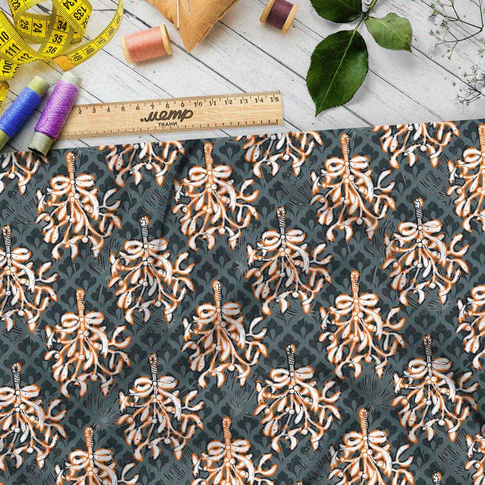 Ткань дюспо медные банты на вьющихся ветвях