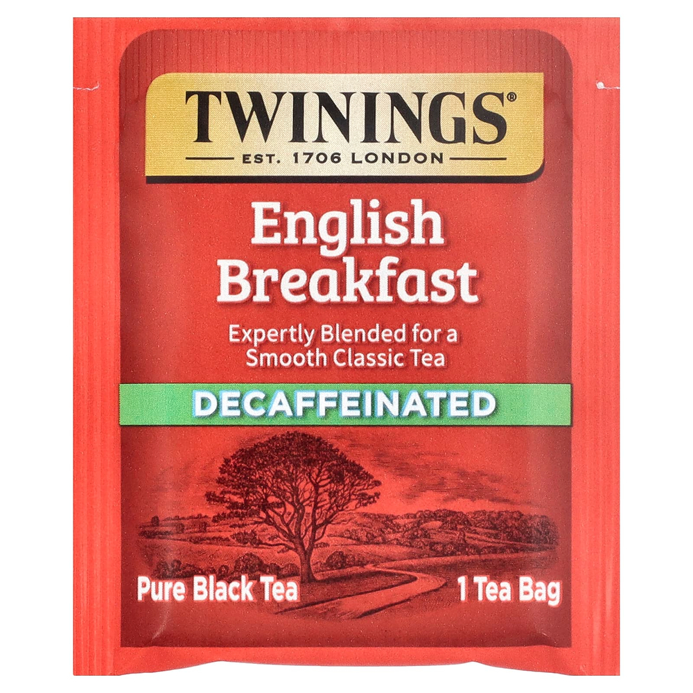 Twinings, чистый черный чай, английский завтрак, без кофеина, 25 чайных пакетиков, 50 г (1,76 унции)