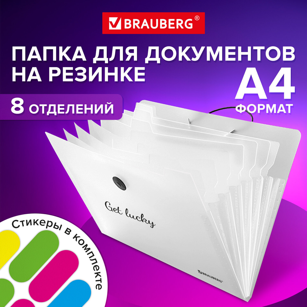 Папка-органайзер на резинке 8 отделений BRAUBERG "Glassy" А4 прозрачная (8 штук в упаковке)