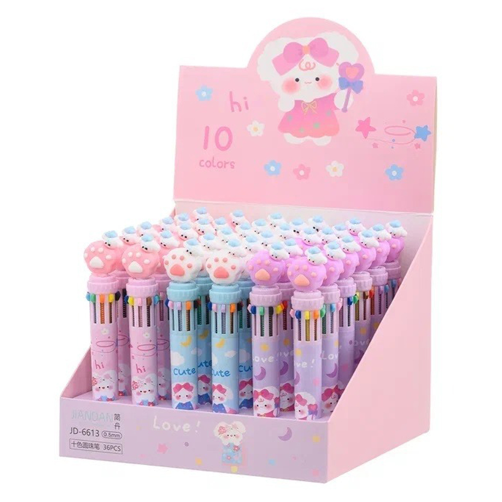 Ручка шариковая, автоматическая, 10в1, Jiandan, 10-ти цветная, серия "ЛАПКИ", с резиновой фигуркой, 36 шт