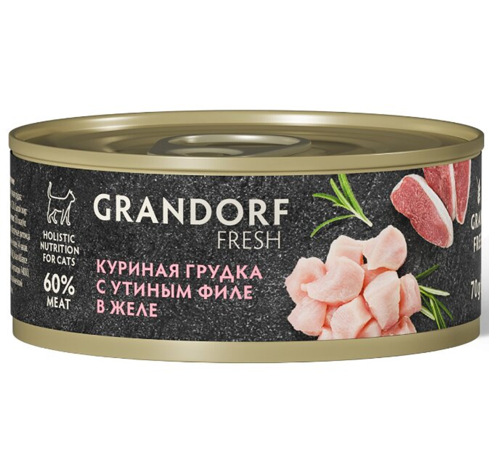 Корм консервированный для кошек Куриная грудка с утиным филе в желе, 70гр GRANDORF FRESH