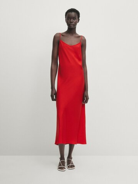 Massimo Dutti Атласное платье миди в бельевом стиле, красный