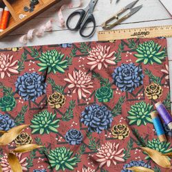 Ткань оксфорд 600 приглушённые георгины на коралловом фоне