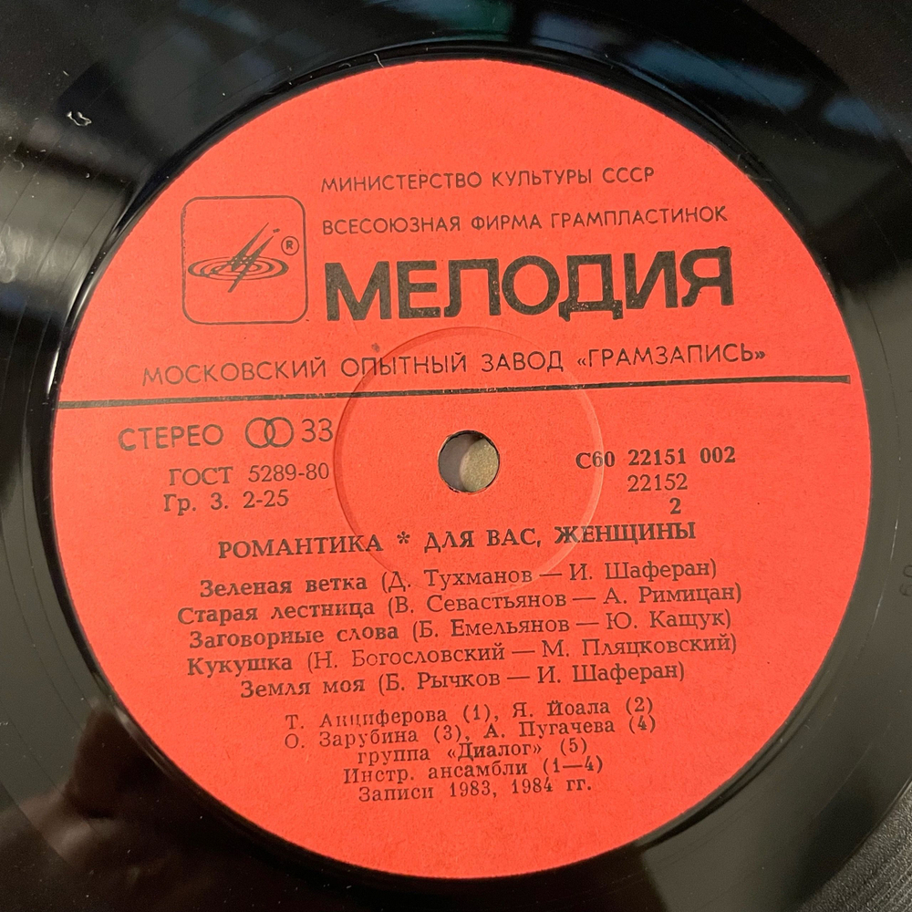 Винтажная виниловая пластинка LP Сборник Романтика (СССР 1985) (Алла Пугачева, Юрий Антонов, София Ротару и др)