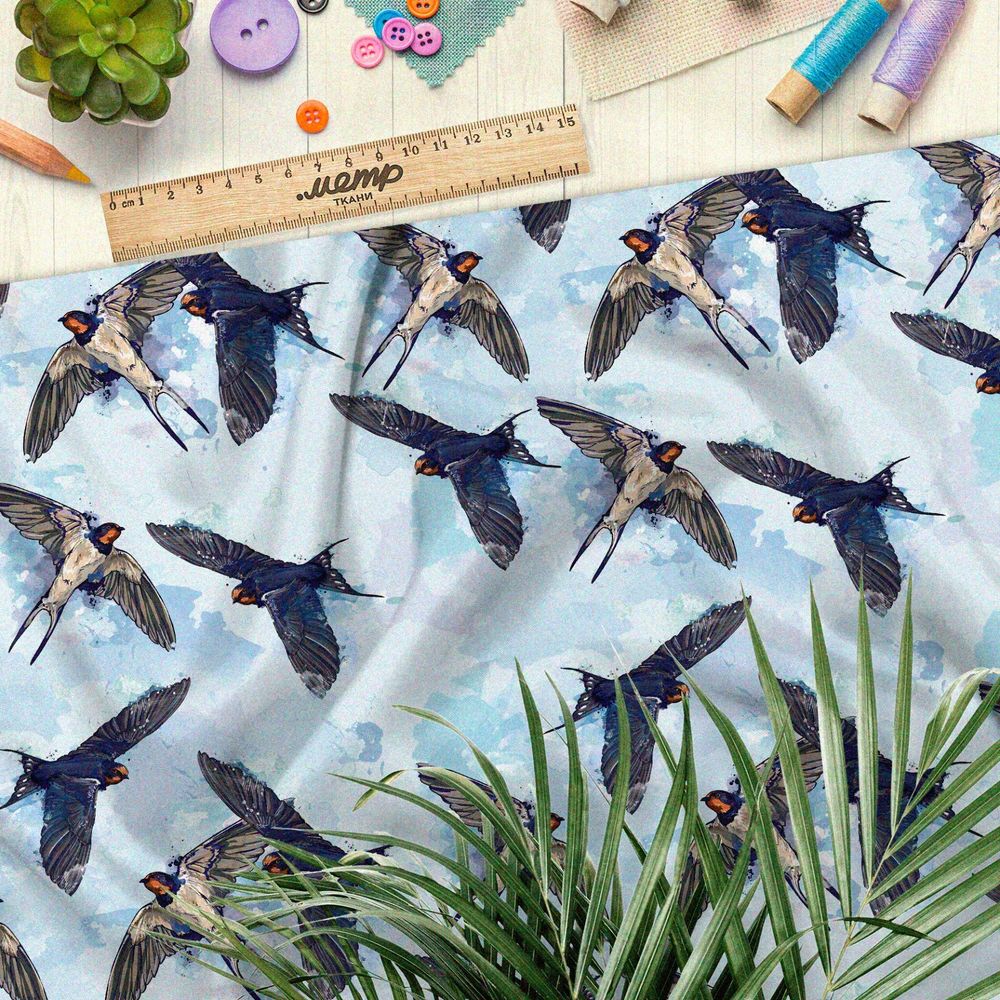 Ткань футер 2-х нитка акварельные ласточки в небе