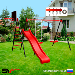 Уличные качели Sv Sport с горкой УК182КП2 (3.7м/Щит баскет/"Лодочка" 2шт/Подвесы на подш 2к)