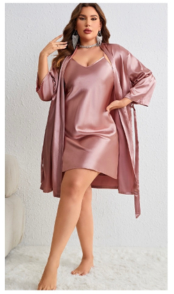 Двойка атласная size+ халат+сорочка (розовый)