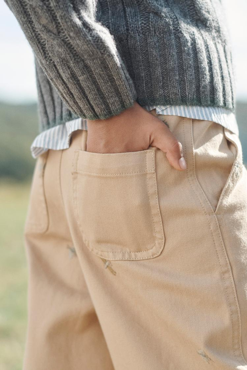 ZARA БРЮКИ ПРЯМОГО КРОЯ С ВЫШИВКОЙ, БЕЖЕВЫЙ