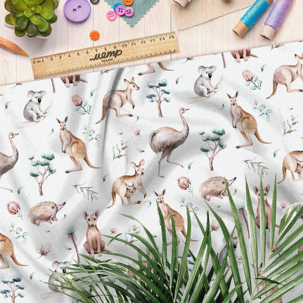 Ткань таффета кенгуру страусы акварельные