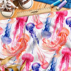 Ткань кулирная гладь большие разноцветные медузы на белом фоне