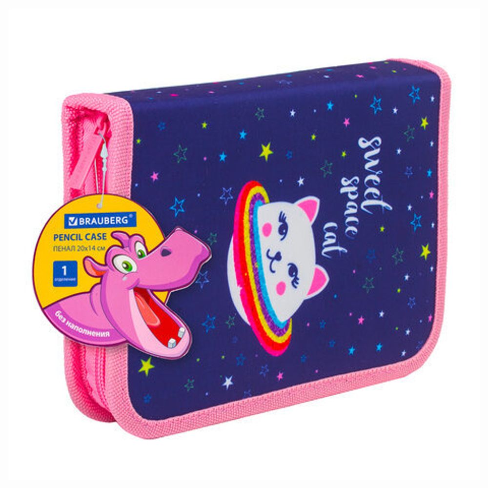 Пенал BRAUBERG, 1 отделение, ткань, 20х14 см, "Space Cat", 229278