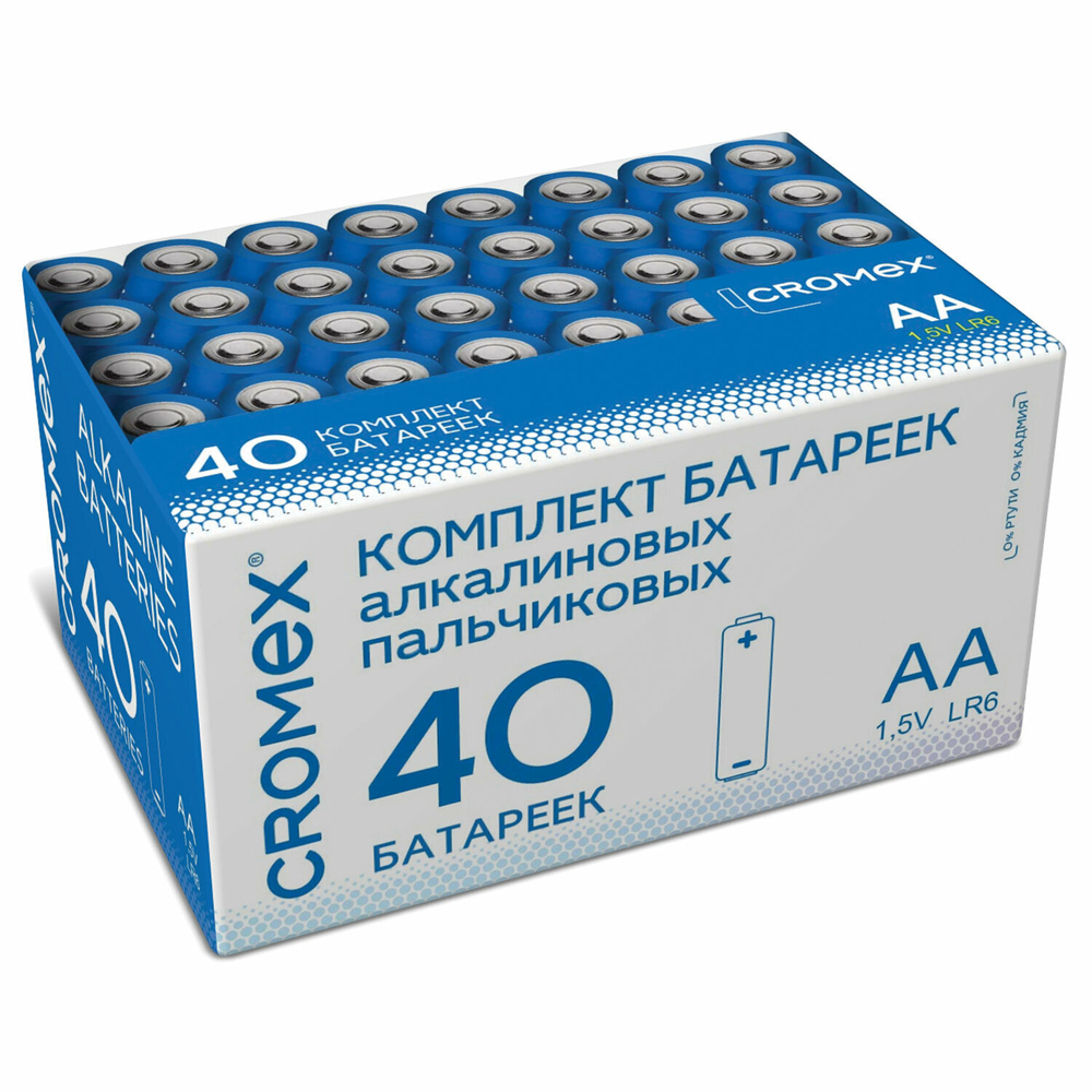 Батарейки алкалиновые "пальчиковые" комплект 40 шт. CROMEX Alkaline АА (LR6 15А) в коробке