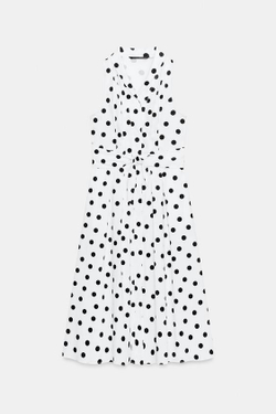 ZARA ПЛАТЬЕ МИДИ ИЗ ПОПЛИНА В ГОРОШЕК, ЧЕРНЫЙ/БЕЛЫЙ