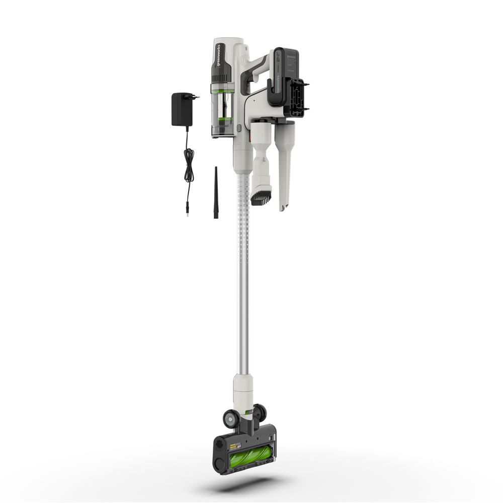 Пылесос вертикальный акк. Greenworks SV24360, 24V, б/щет, 250 Вт, 17 кПа, электрощетка, 2 насадки, LED, белый+серебро, 1х4Ач и ЗУ (4702107UB)