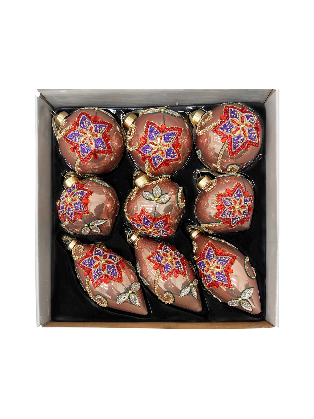 Набор елочных игрушек 8см 9шт ChristmasDeLuxe бежево-розовый с цветочным орнаментом