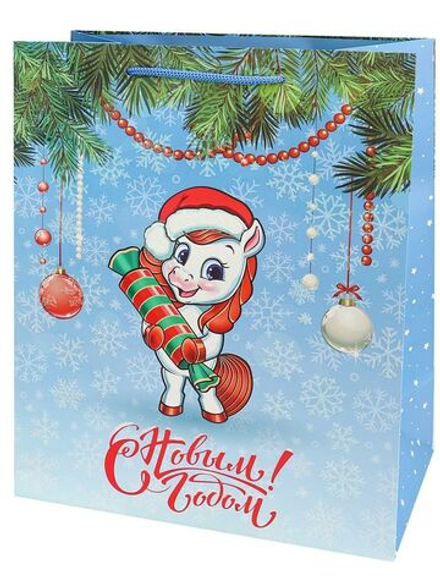 Пакет подар. бум. новогодн. 26*32*13см, 190 гр/м СГ "Лошадка с конфетой"