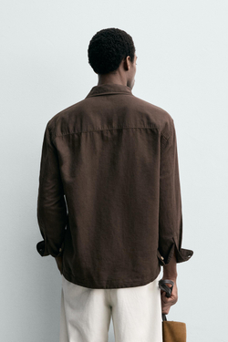 ZARA РУБАШКА-ПОЛО ИЗО ЛЬНА И ХЛОПКА, КОРИЧНЕВЫЙ