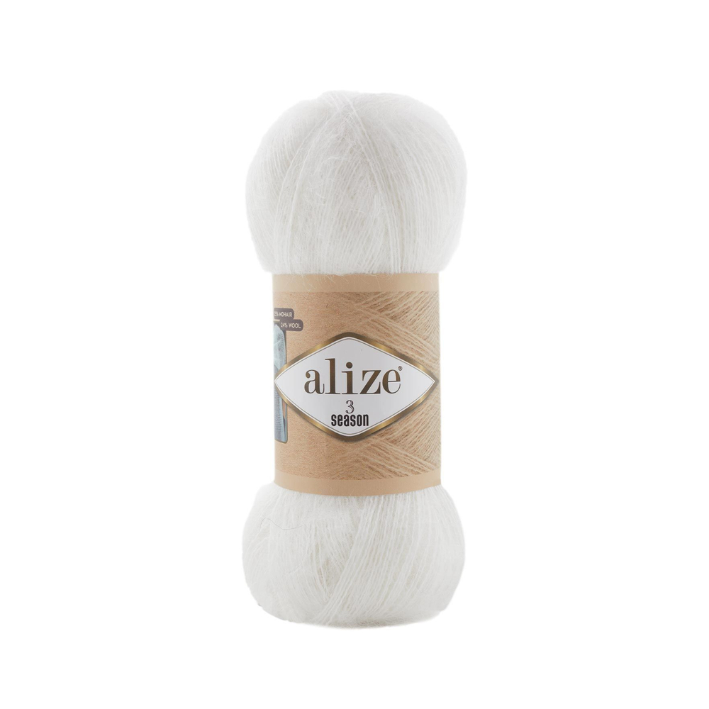 Мохер "3 сезона" (3 Season) пряжа Alize 25%мохер 24%шерсть 51%акрил 5х100г/500м (55 БЕЛЫЙ)