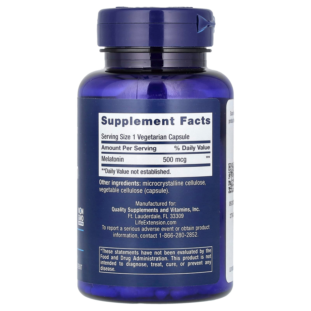 Life Extension, Мелатонин, 500 мкг, 200 вегетарианских капсул