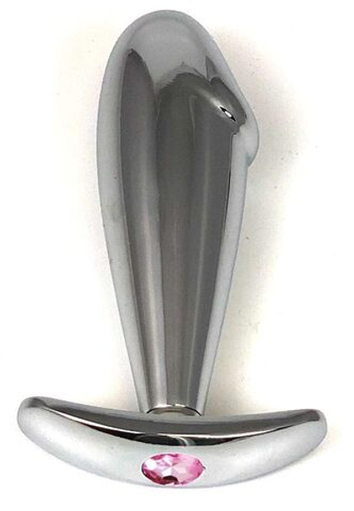 Серебристая анальная пробка-фаллос с нежно-розовым кристаллом – 9,5 см. (Цвет: нежно-розовый)