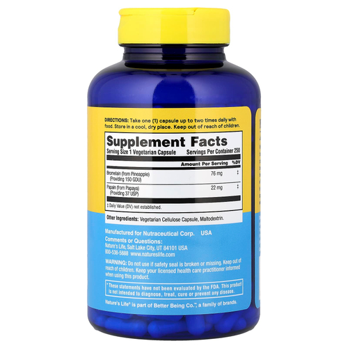 Nature's Life, бромелаин и папаин, 250 капсул
