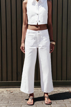 ZARA ДЖИНСЫ Z1975 WIDE-LEG С АЖУРНОЙ ВЫШИВКОЙ, БЕЛЫЙ