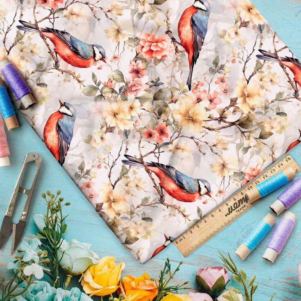 Ткань премиум дюспо птицы в цветущих ветвях