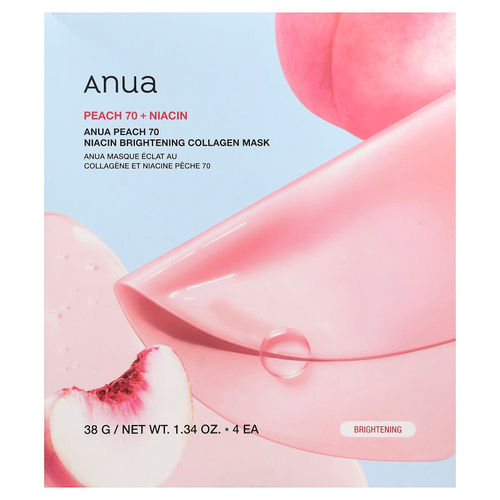 Anua, осветляющая маска для лица с коллагеном и ниацином с персиком, 4 шт. по 38 г (1,34 унции)
