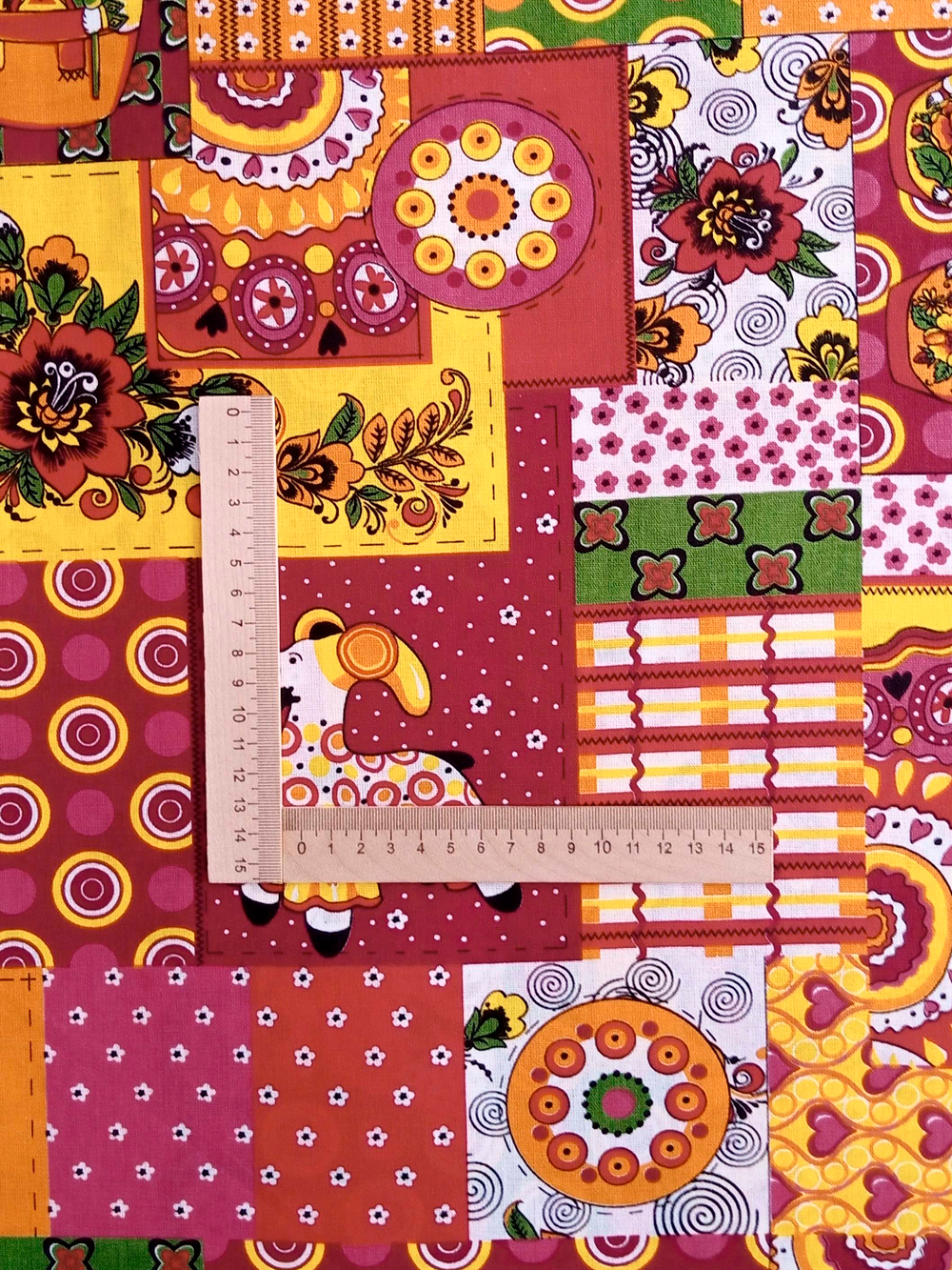 Ткань бязь плательная, рис. "Дымковская игрушка", ширина 150 см, арт. 103