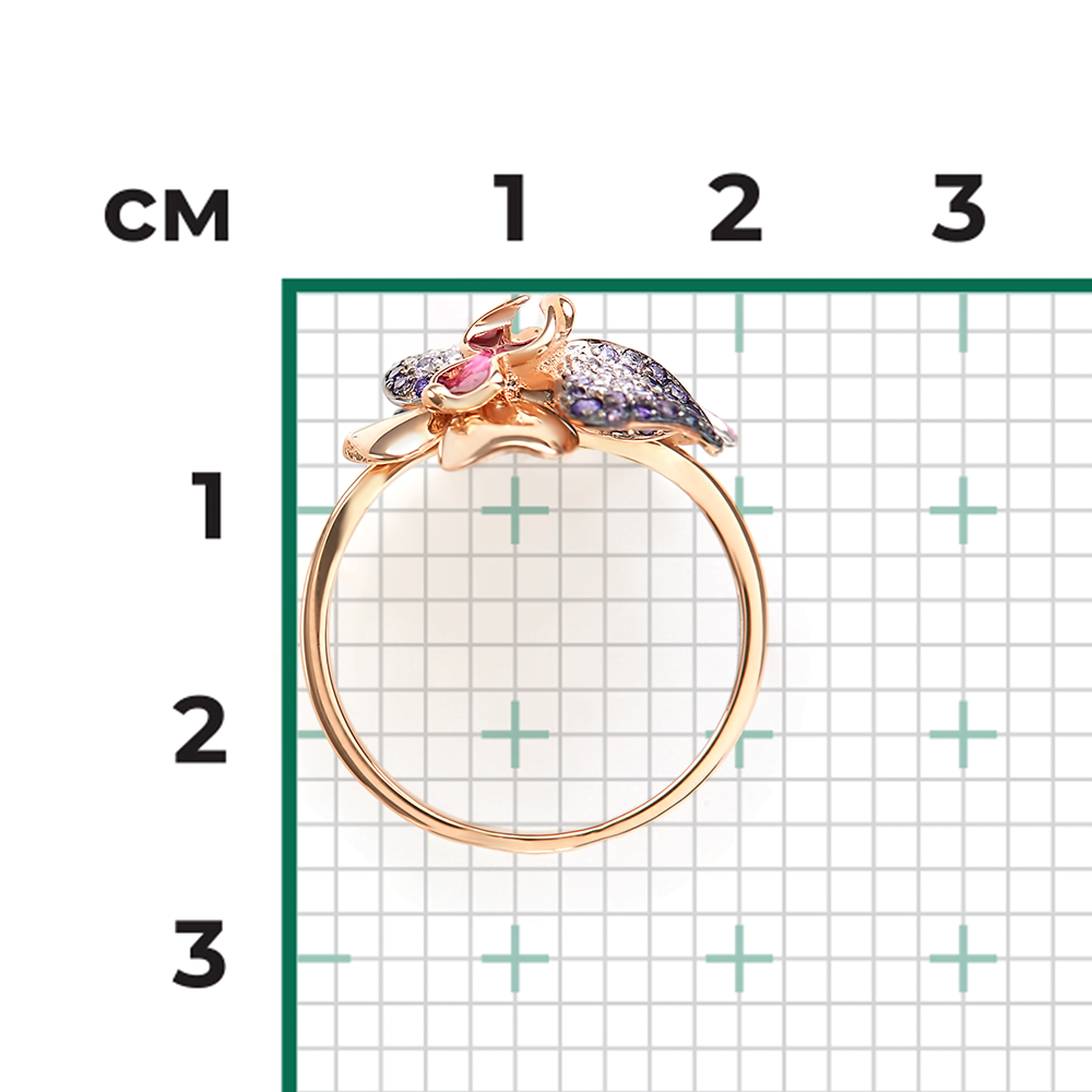 Кольцо «Орхидея» из красного золота с фианитами и эмалью