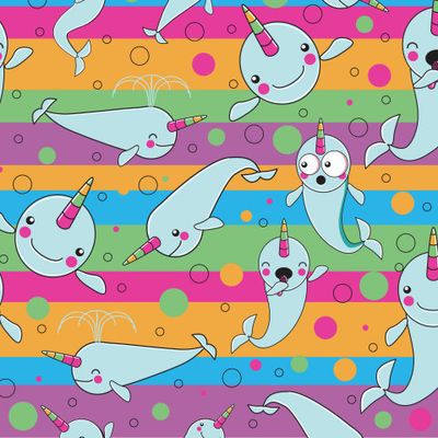 УЗОР с милыми маленькими персонажами нарвала или кита-единорога на разноцветном линейном узоре