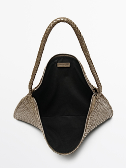 Massimo Dutti Сумка через плечо из плетеной кожи среднего размера, хаки